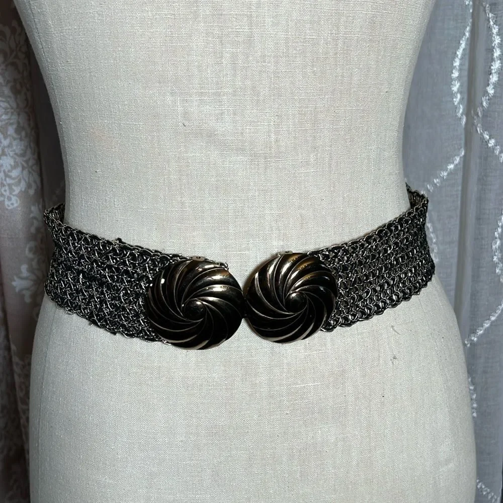 Metallic black and gold woven belt with metal buckle